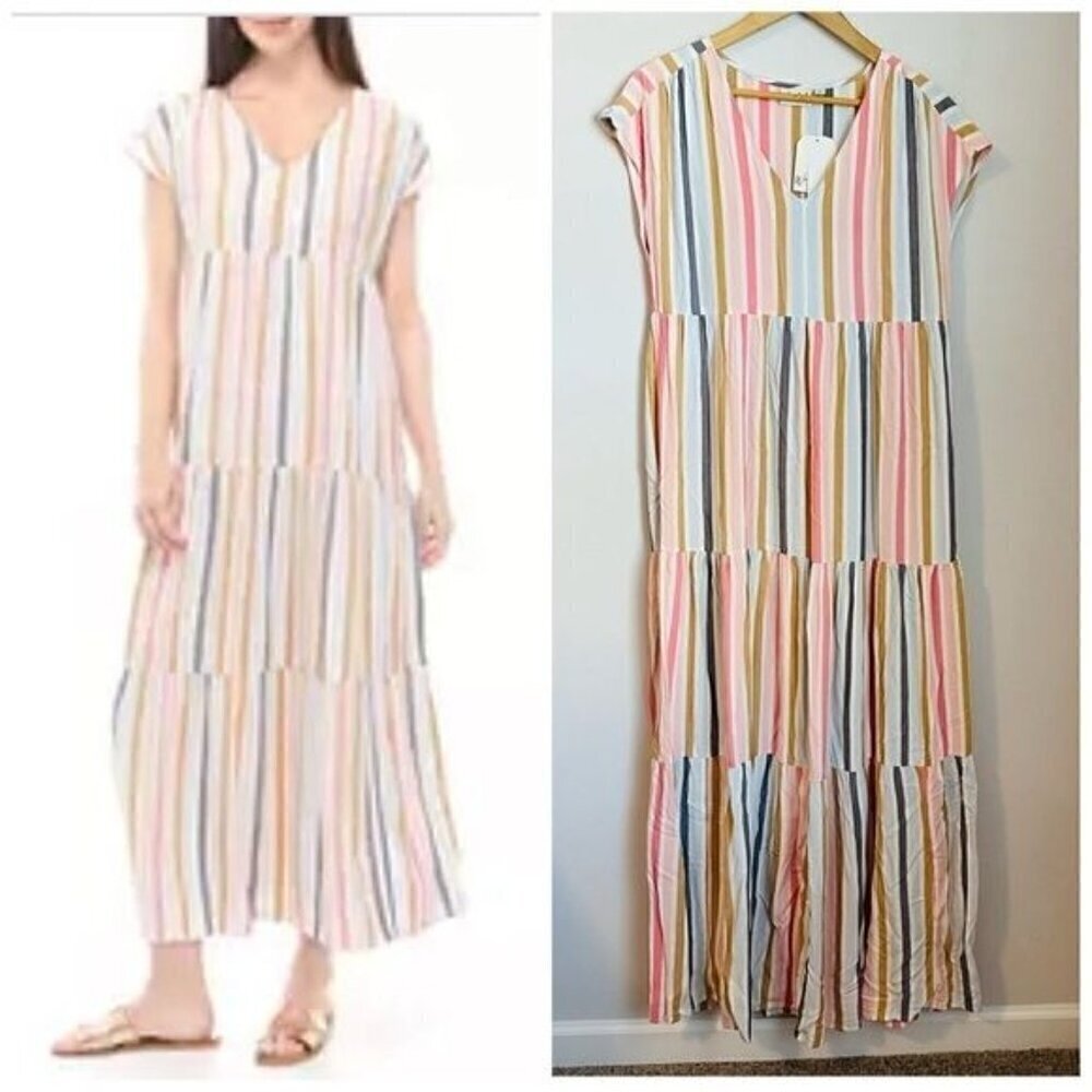 Wonderly Women's V-Neck Striped Tiered Maxi Dress Multi Colored Size Small